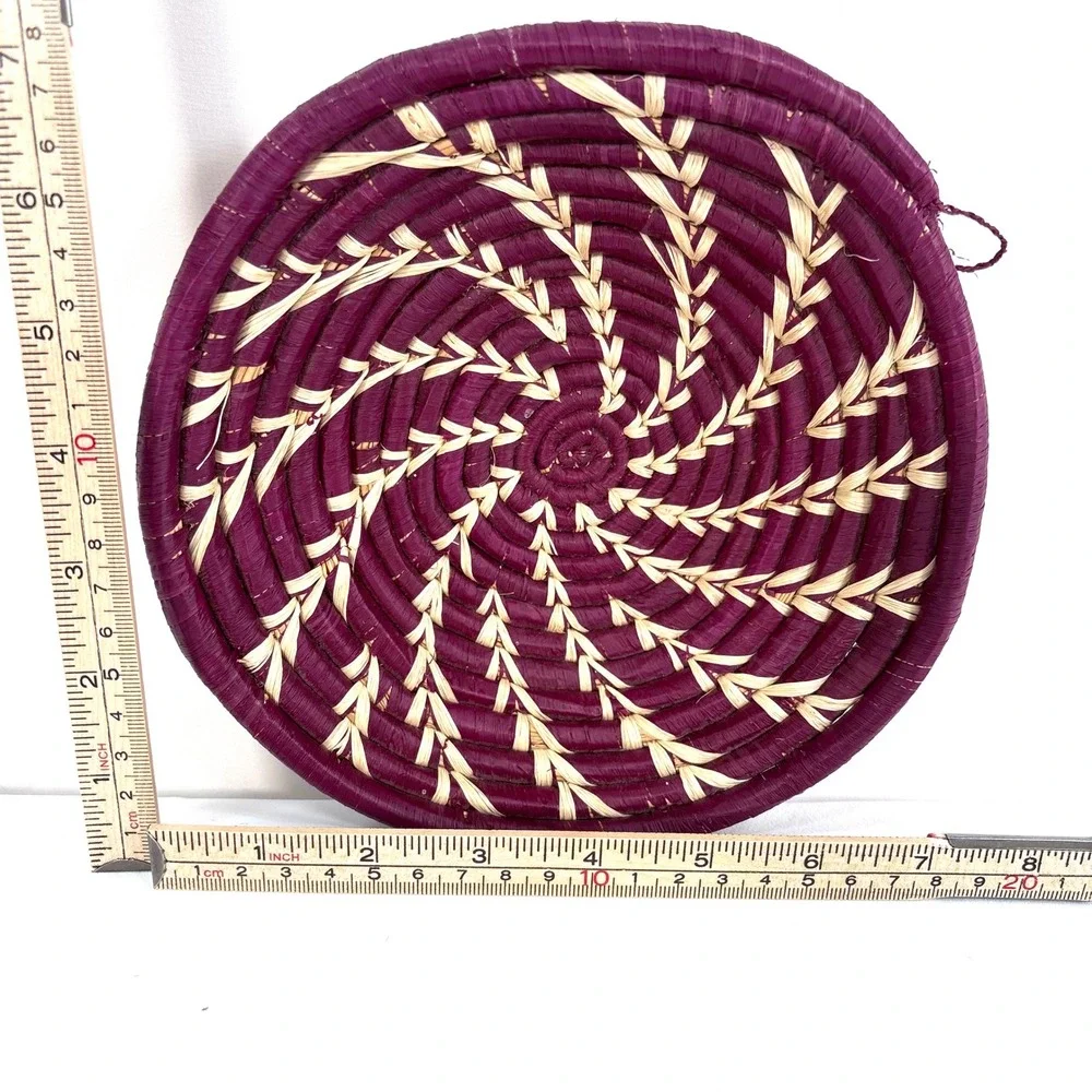 Handmade Woven Basket Bowl Purple Natural Raffia Spiral Wall Decor 8 Inch